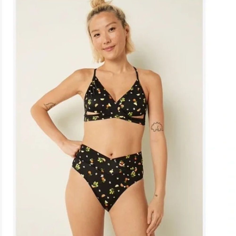 PINK bikini swimsuit size small orange lemon print high waist string top